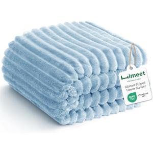 Light Blue Ribbed Throw Blanket for Couch - 300GSM Lightweight Soft Fleece Blanket for Women Men, Cozy Blankets for Mothers Gifts, Striped Spring Home Room Decor, Light Blue, 50x60 Inches