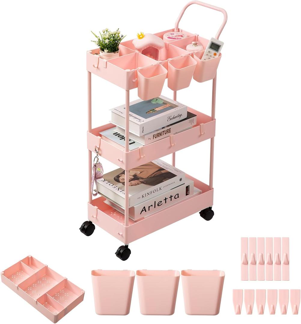 danpinera Slim Storage Cart, 3 Tier Narrow Rolling Cart on Wheels Bathroom Organizer with Dividers Handle Hanging Cups Hooks for Laundry Room Kitchen Small Spaces, Pink