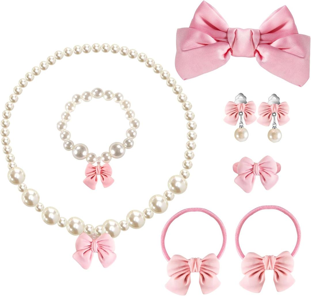 Handmade Bow Pearl Kids Jewelry for Little Girls Toddler Set of 8 pcs - Hair Bows Clips Ties - Stretch Necklace Bracelets Rings and Clip on Earrings - Cute Princess Dress Up Gifts
