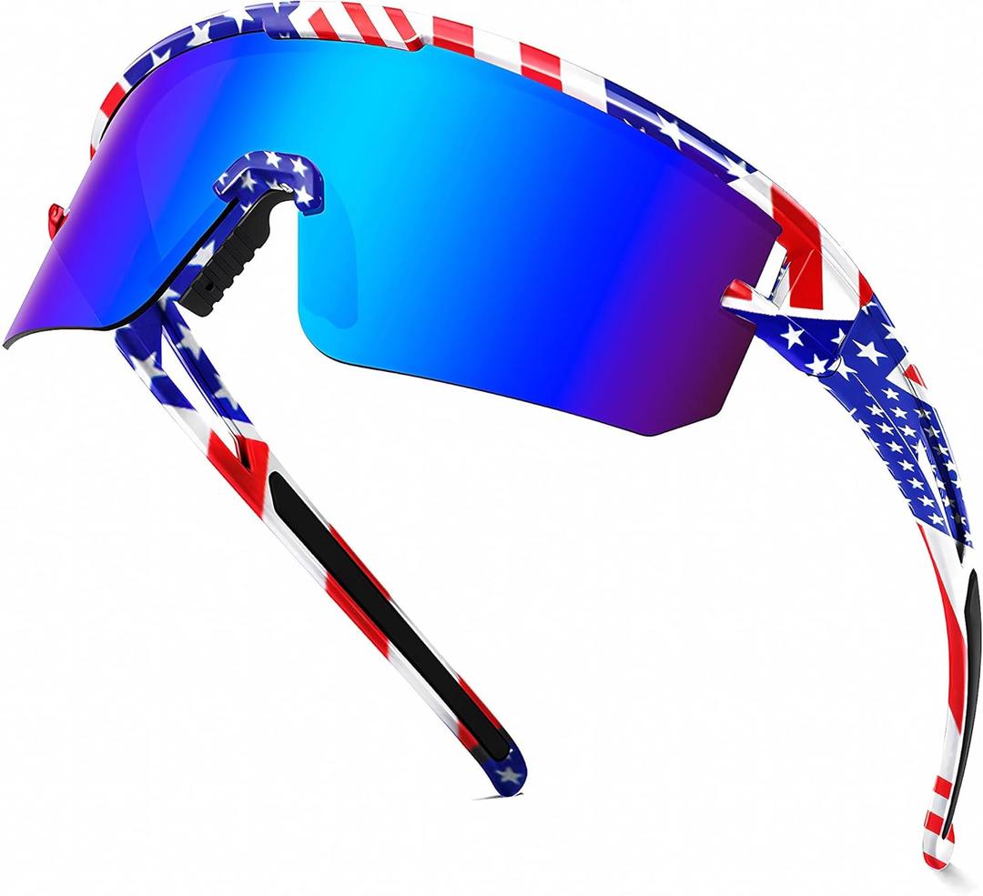 YUNBLL&KO Sports Polarized Sunglasses Men Women UV400 Protection Kids Youth Baseball Sunglasses for Cycling Softball Running (A10 Stars Stripes Frame/Blue Lens)