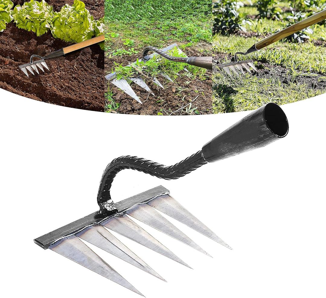 Garden Rake, Gardening Tools Heavy Duty Rake with 5 Metal Tines, Sharp Edge Garden Weeding Tools, All Steel Hardened Hoe Garden Hand Rake Tools for Backyard Lawn Loosening Planting (5 Tines)