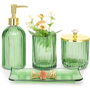 Haturi Bathroom Accessories Set, 4 Pcs Green Glass Bathroom Accessory Set Complete w/Lotion Soap Dispenser, Toothbrush Holder, Qtip Holder, Vanity Tray, Gold Bathroom Decor, Gift for Home Apartment