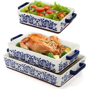 SOUJOY 3 Pack Rectangular Ceramic Baking Dish Set for Oven, Hand-Painted Floral Design Non-Stick and Stackable Casserole Dish with Dual Handles for Kitchen, Banquet and Daily Use