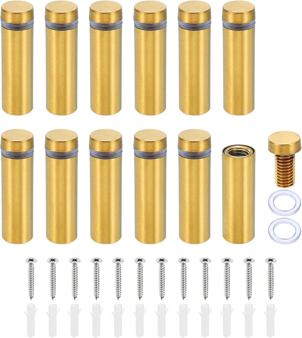 PATIKIL 1/2 x 1.6 Inch Sign Standoff Screws, 12 Set Stainless Steel Wall Standoff Mounting Hardware Advertising Glass Nail for Hanging Acrylic Picture Frame Acrylic Panel, Gold