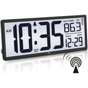 WallarGe 14.5'' Atomic Clock with Backlight, Large Digital Wall Clock Battery Operated, Large Display with Temperature and Date, Easy to Read and Set Digital Wall Clock, Auto DST