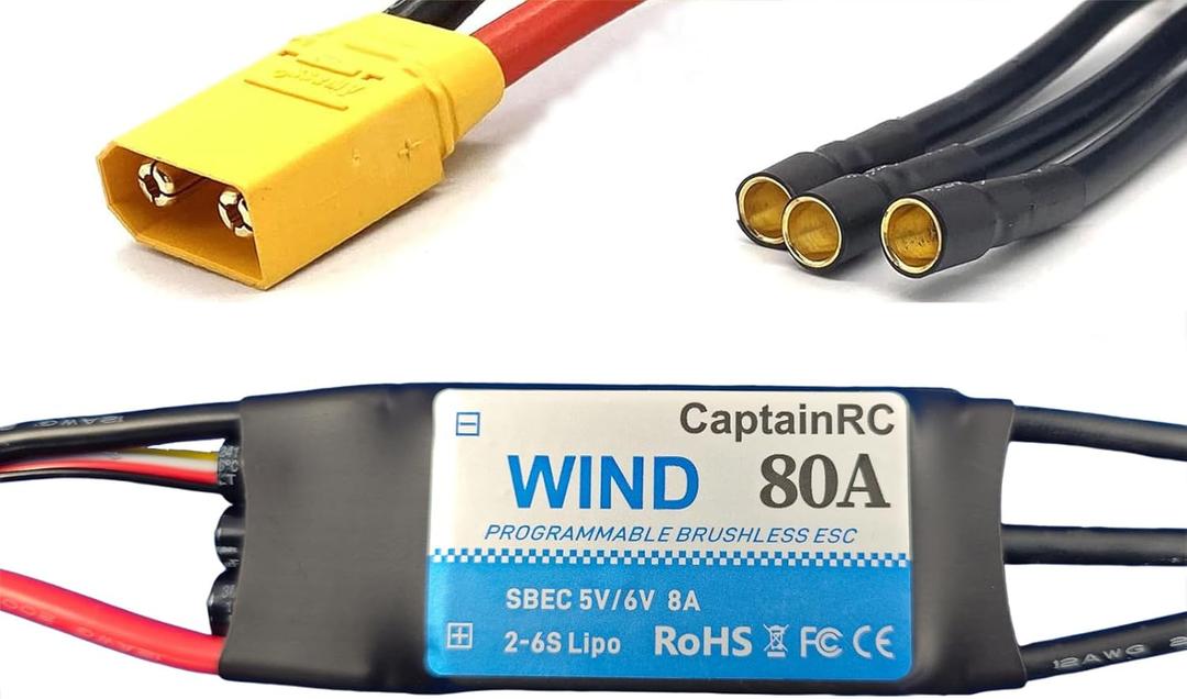 80A ESC with 5V 6V/8A BEC 2-6S Electric Speed Controller with XT60 & 4.0mm Bullet Plugs for Fixed Wing Airplane/RC Drone Airplane/Brushless Motors