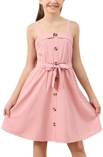 GORLYA Girls Front Button Down Summer Sundress Casual A-Line Spaghetti Strap Belted Midi Dress Size 12 Y