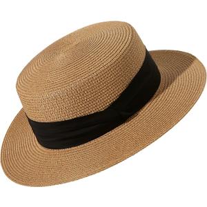 Lanzom Sun Hats for Women Wide Brim Straw Boater Hat Foldable Packable Beach Hat for Summer Fit Size 6 8/7-7 1/4 (Medium-Large, Khaki)
