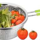 Stainless Steel Perforated Colander Strainer with Long Green Handle Sieve Sifters Use for Kitchen Food Pasta Noodles Spaghetti Vegetables Silver - 7.9inch