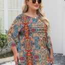 LOMON Plus Size Women Blouses 3/4 Length Sleeve Tops Crewneck Pleated Casual Tees Shirts 1X-5X (Bohemian)