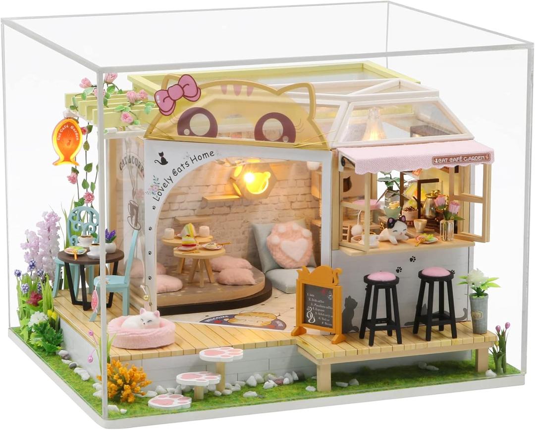 Cat Cafe Garden DIY Doll House with LED Light,Dust Cover & Music Box,English Instruction