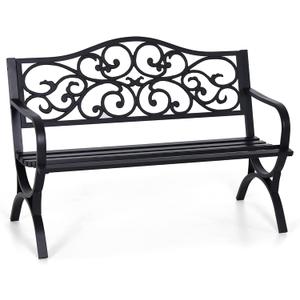 Sophia & William 50" Outdoor Garden Bench Patio Park Bench, Cast Iron Metal Frame Furniture with Floral Design Backrest for Porch Yard Lawn Deck, Black