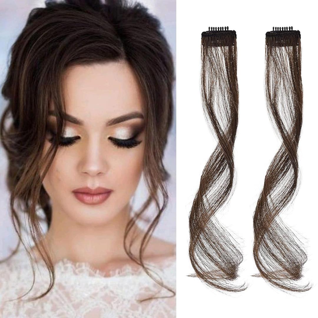 REECHO Long Side Air Bangs, Wavy Curly Clip in Bangs Front Side Bangs for Women Daily Use 2 PCS Set Long Temples-Dark Brown with Copper Highlight