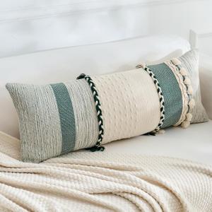 Long Lumbar Pillow Cover 14x36, Boho Long Decorative Pillows with Tassels Pillowcase, Modern Abstract Woven Body Pillow Cover for Sofa Bedroom Living Room Home Decor, Dark Green + Off-White