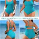 Charmo Womens Scalloped Ribbed One Piece Swimsuits Retro Square Neck Modest Bathing Suits (Blue, L)