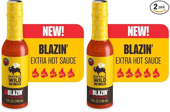 2 x  Buffalo Wild Wings Blazin’ Hot Sauce, 5 fl oz, Extra Hot Dipping Sauce, Marinade and Seasoning for Chicken Wings and Pork Ribs, Made with Spicy Cayenne (Pack of 2) BBD: 06/09/27
