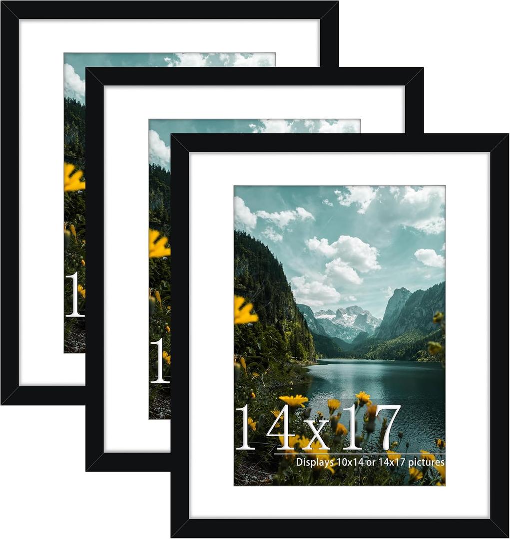Picrit 14x17 Picture Frame 3 Pack, Black Poster Frame, Display Poster 10 x 14 with Mat or 14 x 17 without Mat for Horizontal or Vertical Wall Mounting