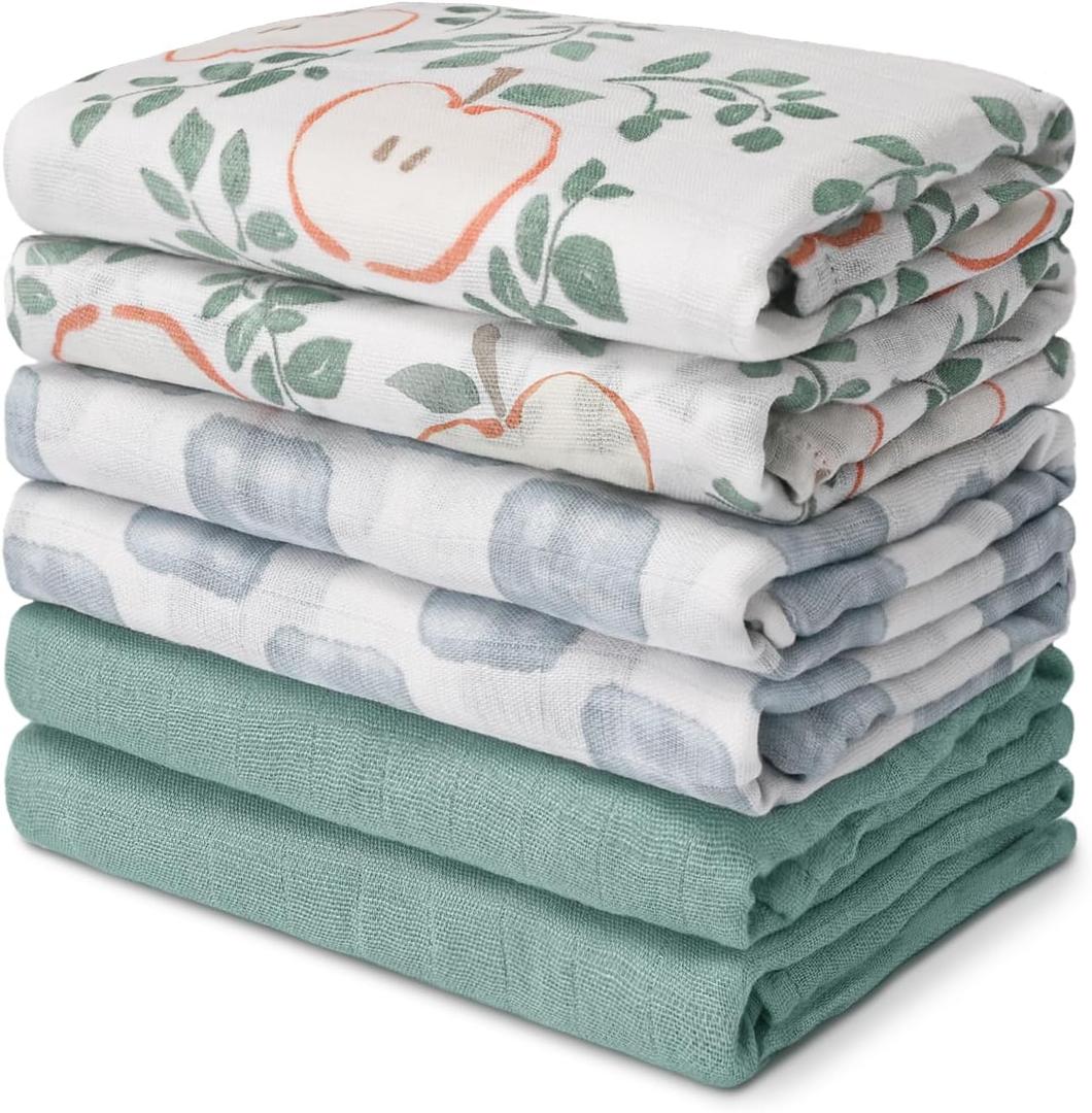 GLLQUEN BABY Receiving Blanket Boy Cotton Muslin Swaddle Blankets Girl Newborn Squares Breathable & Soft Thin Baby Blankets Cloths Double Absorbent Infant Swaddling Wrap - 6 Pack (Apple)