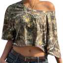 WDIRARA Women's Y2k Camo Print Off The Shoulder Crop Tee Top Short Sleeve Loose Fit T Shirts (Large)