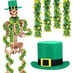 Geyoga St Patrick's Day 12 ft Skeleton Giant Skeleton Clothes Accessories Green St Patrick's Day Hat with 2 Shamrock Metallic Tinsel Garlands for Irish 12 ft Outdoor Decoration, Skull Not Included