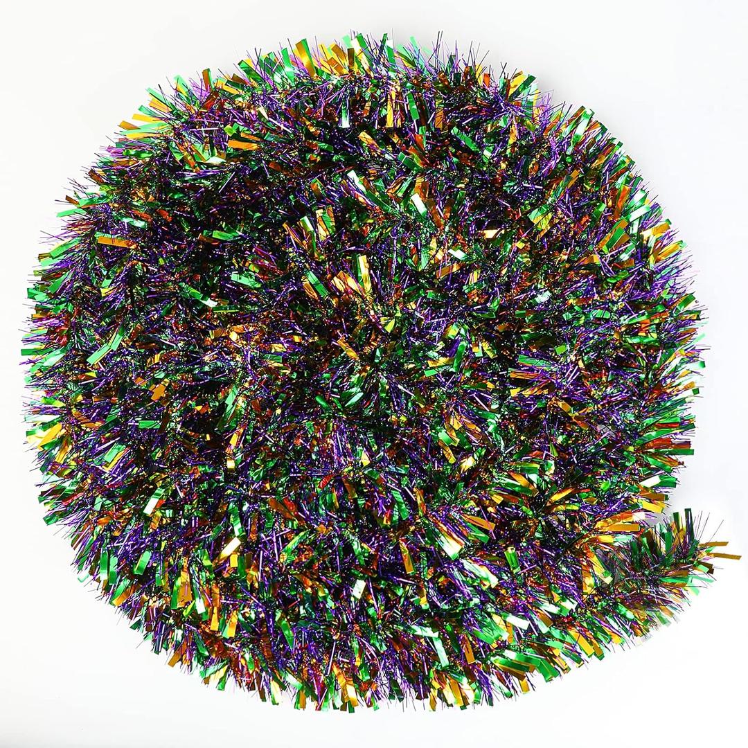 CCINEE 32.8FT Mardi Gras Tinsel Garland, Metallic Festooning Twist Glitter Shiny Hanging Fringe for Party Decorations - Gold/Green/Purple