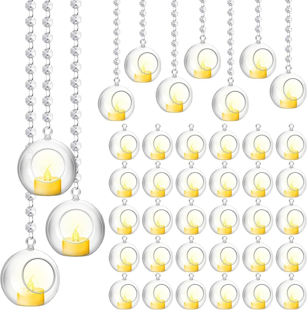 Booson 100 Pcs Hanging Candle Holder Glass Globes Orbs with Crystal Acrylic Gems Bead Garland Tea Lights Candles Holder for Wedding Party Tree Decor