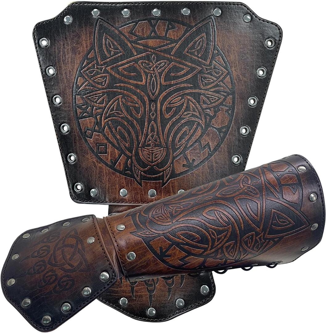 Medieval Faux Leather Bracer Arm Cuff Armor, Embossed Norse Mythology Fenrir Wolf Arm Guards, Vintage Viking Knight Cosplay Costume Accessories (Brown)