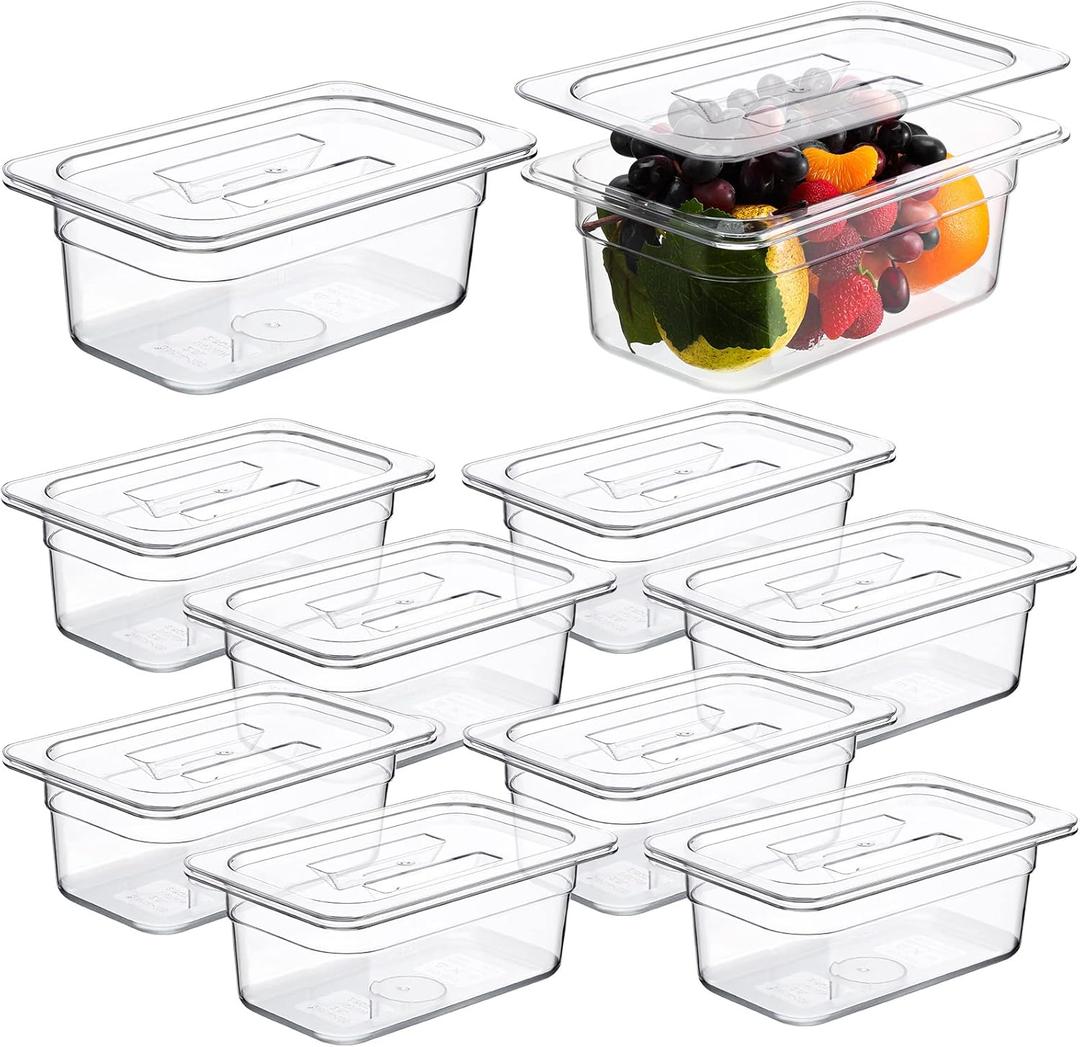 Eaasty 10 Pack Plastic Food Pans 1/4 Size Clear Food Pans with Lid Acrylic Transparent Stackable Plastic Fruits and Vegetables Storage Containers Restaurant Supplies(4 Inch High) 