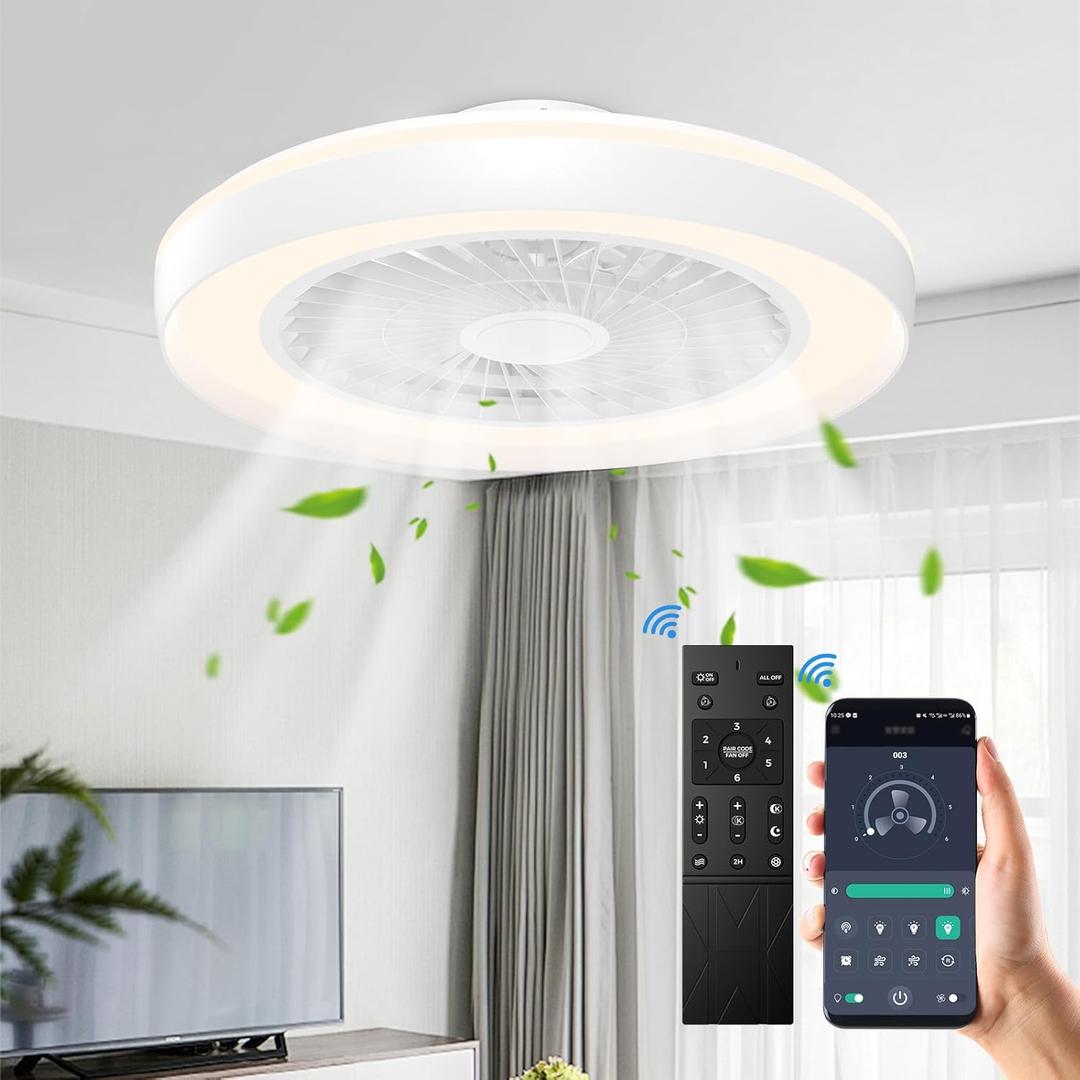 Ceiling Fan with Lights and Remote, 19 Inch Modern Bladeless Low Profile Flush Mount Fandelier, Smart Control with Dimmable LED, Fan Lights Ceiling Fixtures-White, for Bedroom and Living Room