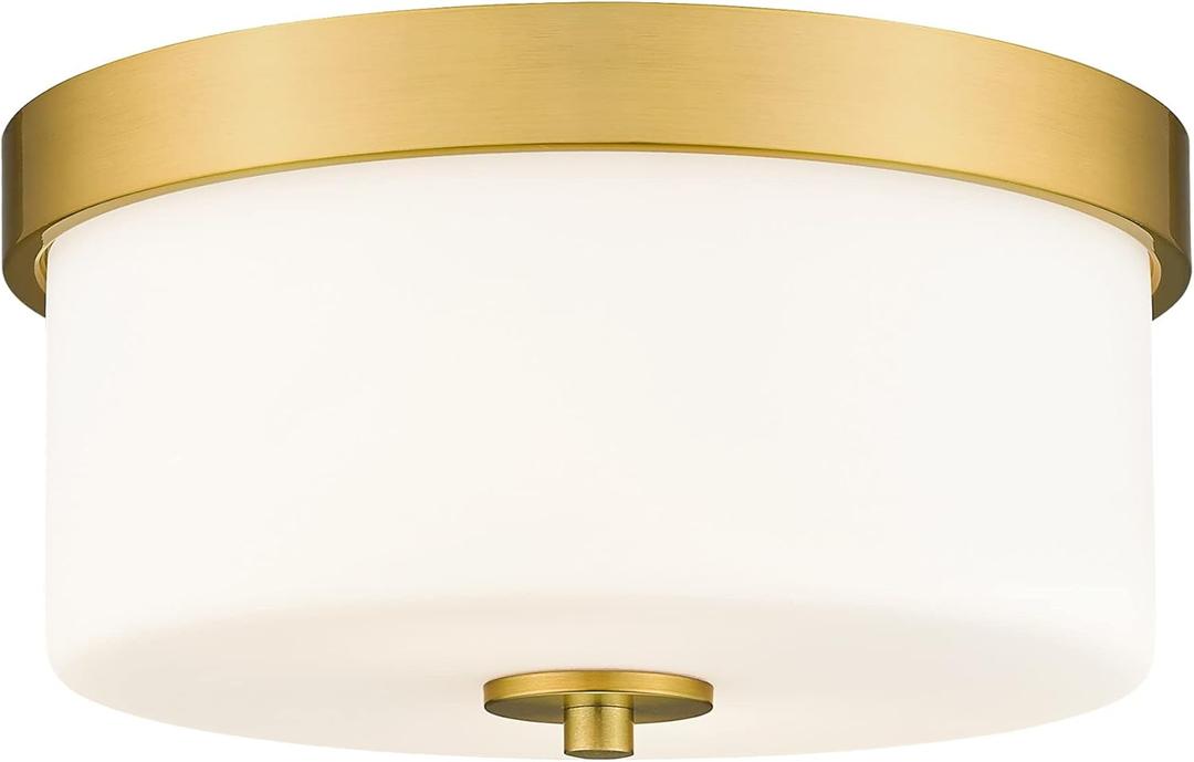 Emak 11 Inch Brushed Gold Flush Mount Ceiling Light Fixture, 2-Light Fixtures Ceiling Mount with Milk Glass Shades for Hallway, Kitchen, Bathroom, Dining Room, FM082-GD-ML