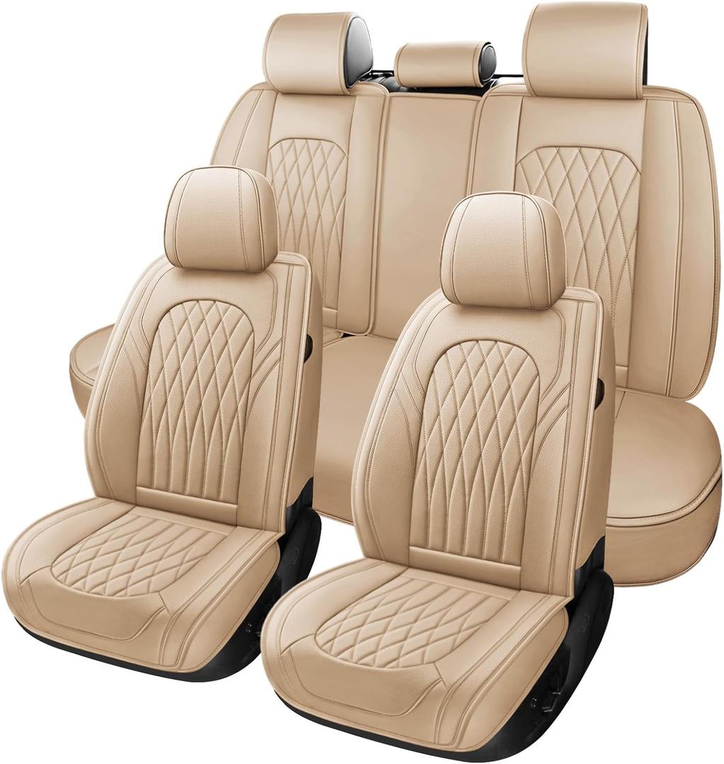 WELLDO Nappa Faux Leather Car Seat Cover Full Set, 5Seats,Beige