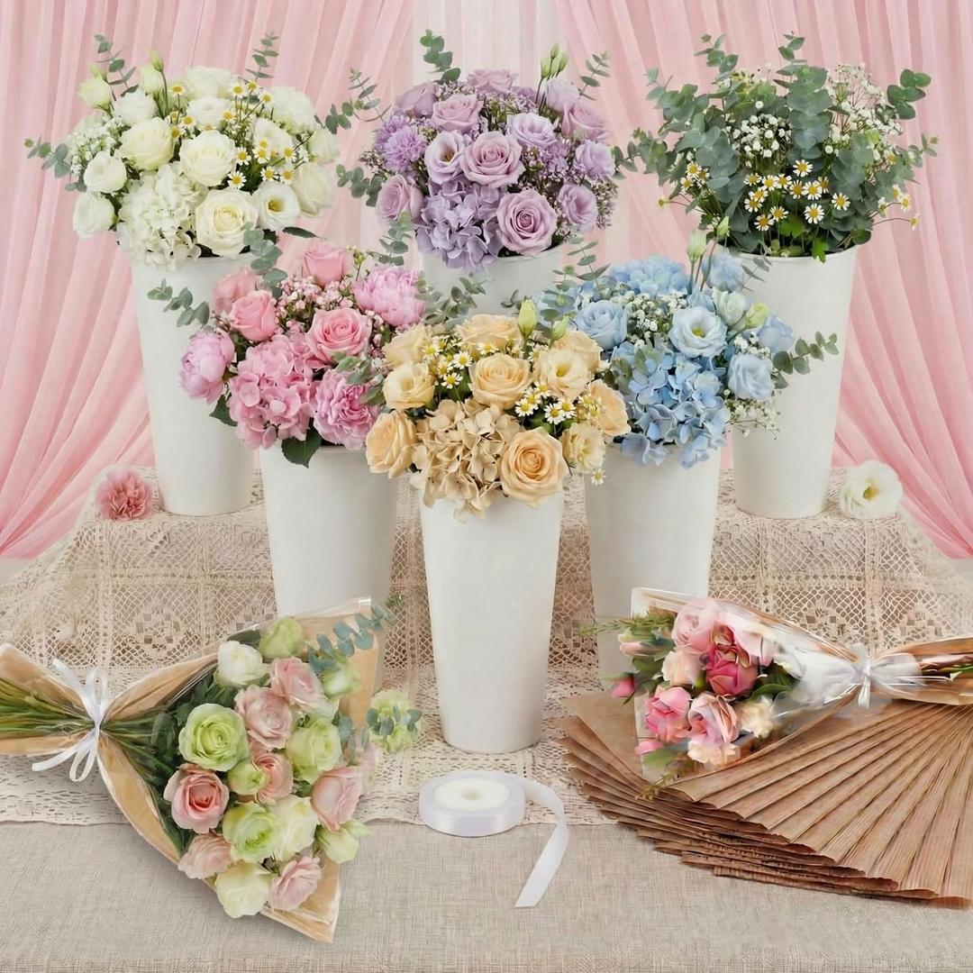 LemonRoad 56 Pcs Flower Bar Buckets Set Kit 6 Pcs Galvanized Bucket Bar 50 Packs Kraft Paper Flowers Gift Bags for Wedding and Cut Flowers, Balcony Garden(Transparent,Plastic,9.8 Inch)