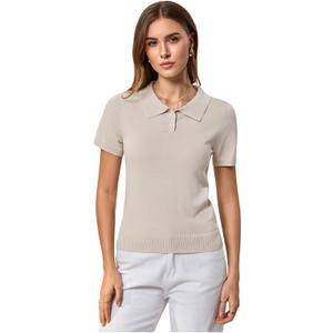 Verdusa Women's Old Money Button Down Collared Shirt Y2k Sweaters Elegant Knit Going Out Tops (Beige, XL)