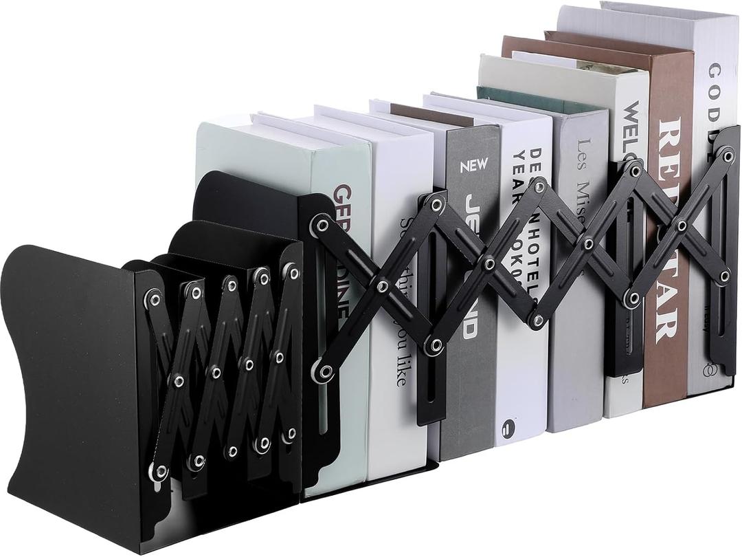 2PCS Heavy Duty Metal Bookends, Adjustable Book Organizer for Shelves & Desk with Non-Slip Pads, 3 Compartments, Extends up to 19 inches, Office & Home Use (Black)