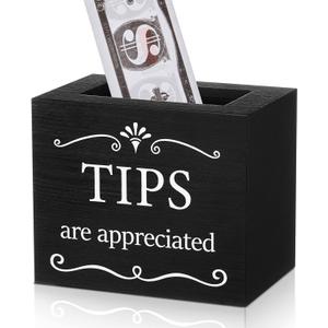 Vesici Wooden Tips Jar Tip Collection 6 x 4 x 5 Inch Donation Bucket Money Coin Storage Container Suggestion Box Raffle Cash Box for Bartender Restaurants Bars Musicians Driver (Black)