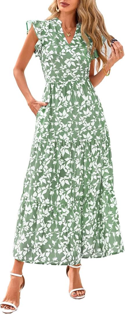 PRETTYGARDEN Women's 2026 Summer Floral Midi Dress Cap Sleeve V Neck Ruffle Long Flowy Boho Casual Beach Vacation Dresses, M