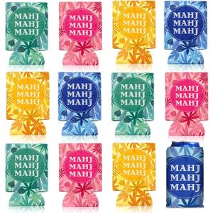 12 Pcs Mahjong Party Can Coolers Bulk Can Cooler Sleeves Insulated Neoprene Bottle Drink Holders Soft Cover Gifts Mahjong Party Decorations Supplies for Soda Beverage Women Men