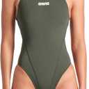 ARENA Women's Performance Solid Team Swim Tech Swimsuit (28, Dark Sage/Arctic Lime)