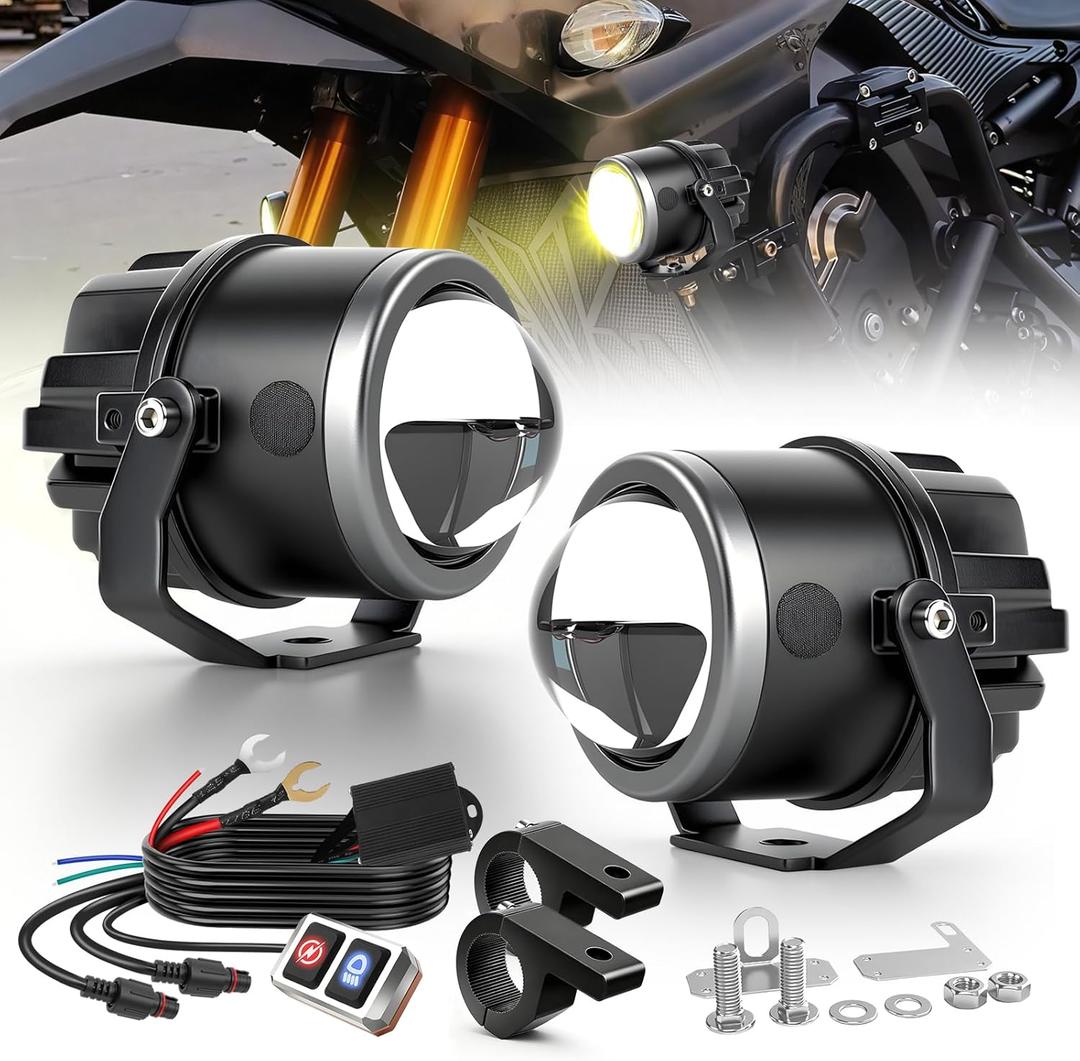 BraveWAY Motorcycle Auxiliary LED Light Kit 90W 24000LM LED Driving Spotlights with Wiring Harness 6 Modes Strobe White/Amber Fog Light IP68 Offroad Work Lights for Motorcycle Truck UTV ATV Pickup (Moto-T7-1 LENS)