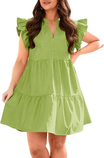Fisoew Plus Size Dresses for Women Summer Ruffle Short Sleeve V Neck Dress Tiered Swing A Line Babydoll Mini Dress, Size: XX-Large