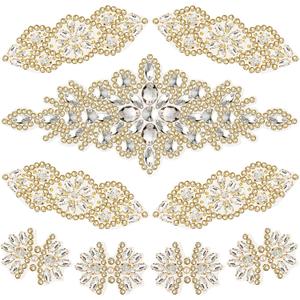 9 Pcs Rhinestone Applique Iron on Patch 3 Style Rhinestone Hot Fix Applique Wedding Hair Appliques for Bridal Wedding Dress Clothing Sash Crystal Belt Sewing Appliques for Shoes(Gold)