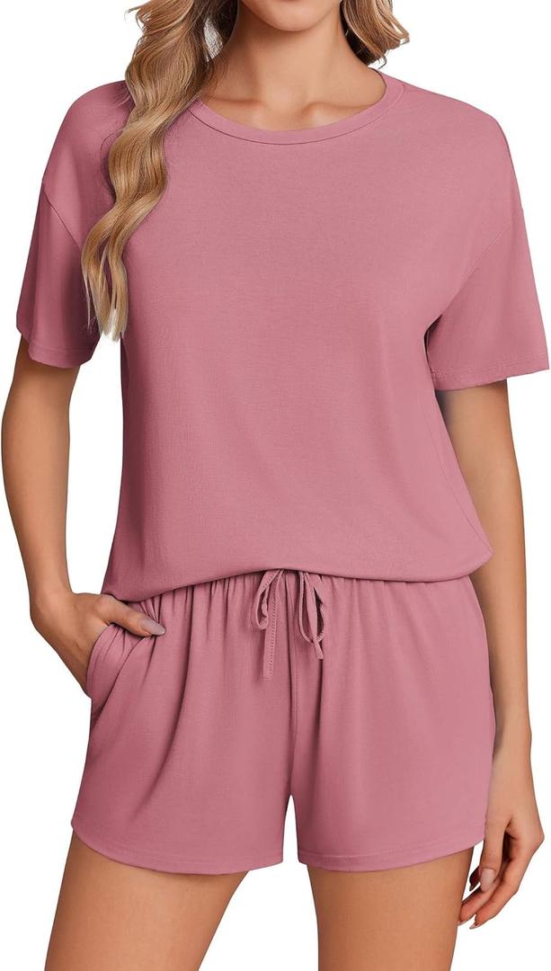 Ekouaer Pajama Set for Women Viscose from Bamboo Short Sleeve Tops and Shorts Set 2 Piece Lounge Set (Large, Dark Pink)