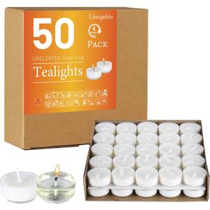 Unscented Clear Cup Smokeless Tea Lights - 50 Pack White Palm Tealight Candles - 4+ Hour Burn Time - Clean-Burning Votive Tealights Candles for Home, Shabbat & Anniversaries (50 Pack)