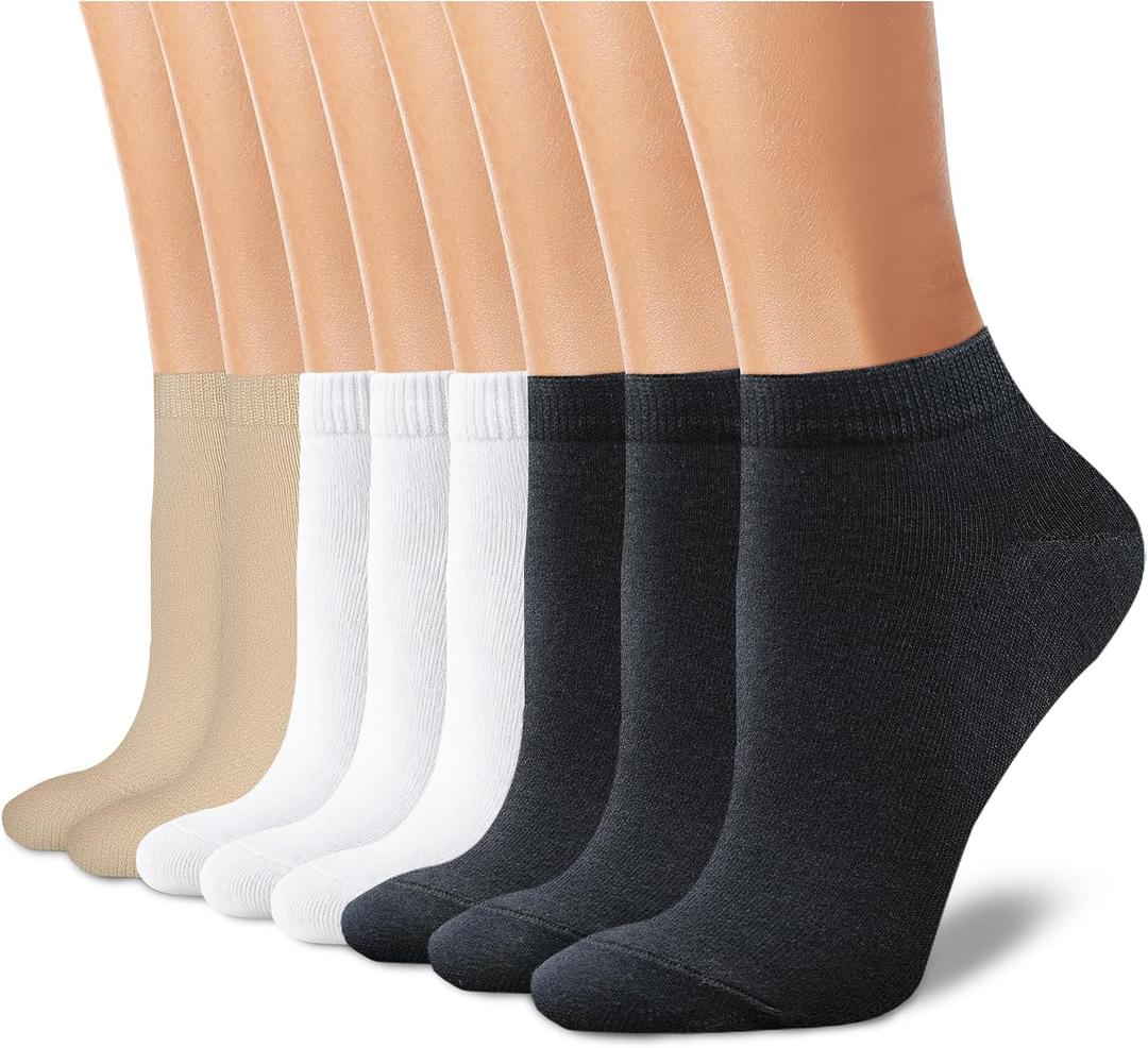 CHARMKING 8 Pairs Ankle Novelty Socks for Women Non Slip Cotton Socks No Show Socks Classic Low Cut Casual Socks (Black/ White/ Beige)