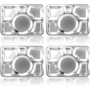 Hacaroa 4 Pack Stainless Steel Divided Dinner Plates, 15x10.6 Inches Snack Serving Plate with 6 Compartment, Metal Food Trays for Adults, Diet Food Portion Control, Picky Eaters
