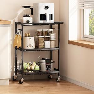 3-Tier Rolling Cart, Space-Saving Kitchen Cart with 150Lbs Capacity, Black Storage Cart with 2 Lockable Wheels for Kitchen Island, Restaurant, Garage, Backyard（No Wooden Boards, Lightweight Version)(15.35 x 24.01 x 35.4 inches)