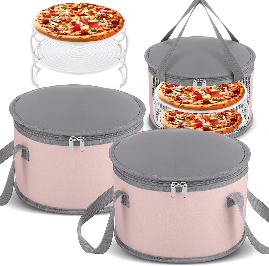 Reallnaive 2 Sets 11" x 7" Round Pie Carrier with Insulated Casserole Carriers with Lid and Detachable Handle Reusable Insulated Lunch Cooler Bag for Picnic Thanksgiving Christmas(Dusty Pink)