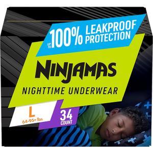 Ninjamas Boys Bedwetting Nighttime Underwear, Size L (64-95+ lbs), 34 Count, Overnight Protection, Ultra Absorbent, Hypoallergenic