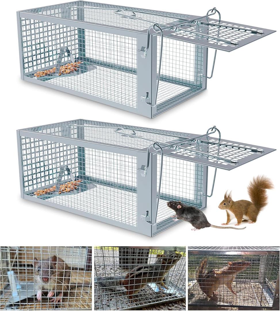 2 Packs Humane Rat Trap Outdoor, Wanqueen Humane Mouse Traps Indoor, Small Rodent Chipmunk Trap and Other Live Animal Cage Catch and Release