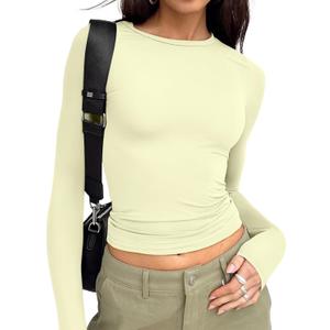 Trendy Queen Womens Long Sleeve T Shirts Fall Fashion 2025 Basic Crop Tops Going Out Outfits Y2k Clothes (Large, Lemon Yellow)